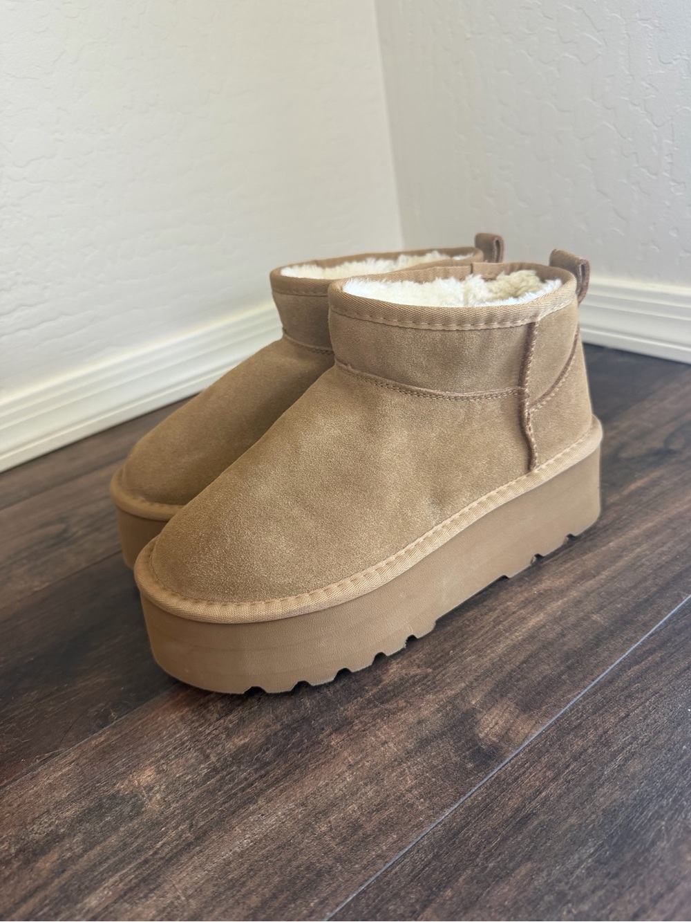 Women’s Tan Faux-Suede Platform Ankle Boots with Shearling Lining